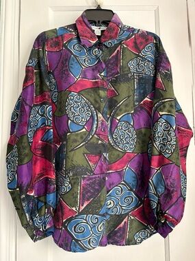 Jonathan Martin Silk Vintage Print Button-Up Blouse Geometric Pattern Sz: Med